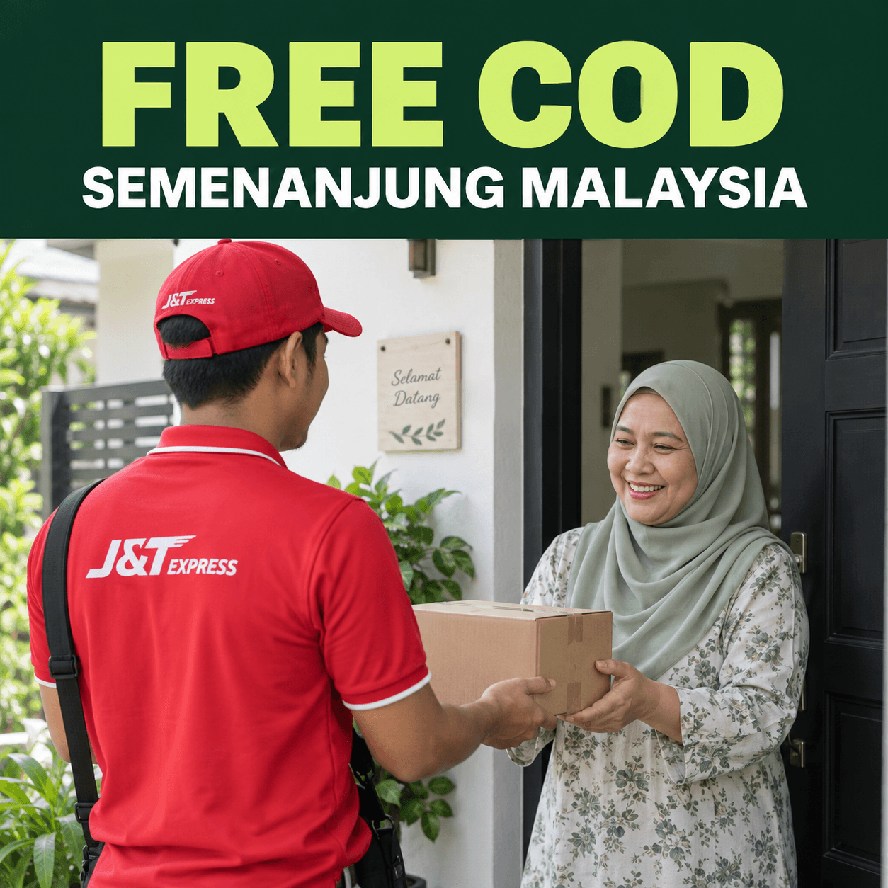 Free COD Semenanjung Malaysia — penghantar J&T menyerahkan bungkusan kepada pelanggan